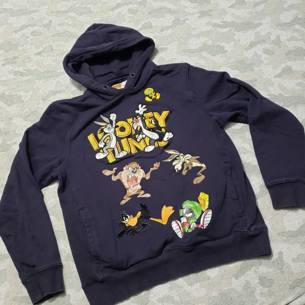 Looney Tunes Sweatshirt Womens Medium Blue Pullover Hooded Pockets Embroidered